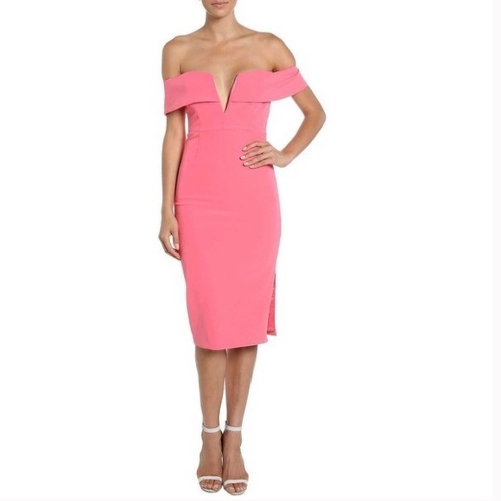 Bardot-Watermelon Pink Off the Shoulder plunging Neckline Bodycon sliding Dress